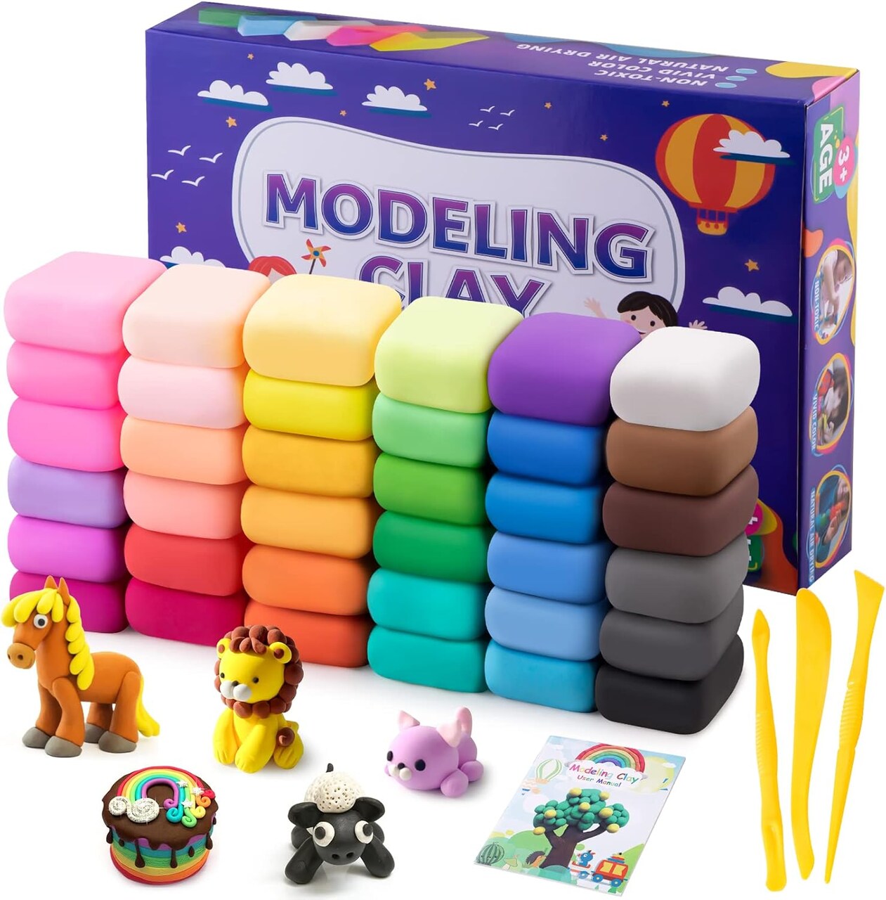 36-Color Air Dry Clay Kit – Magic Foam Clay with 3 Sculpting Tools, DIY Gift for Kids and Adults.